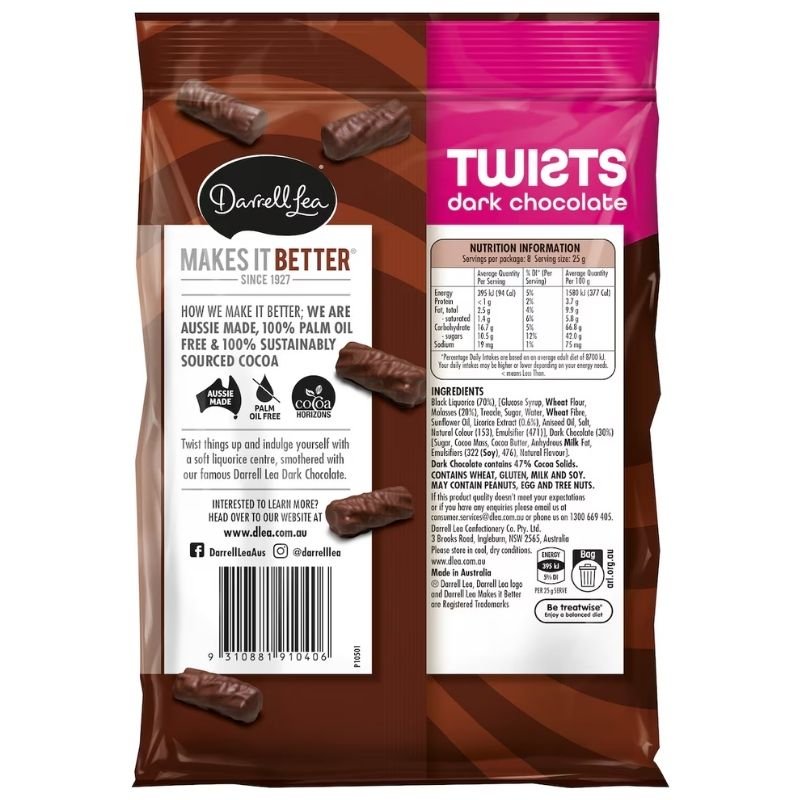 [Expiry Date: 15/06/2027] Darrell Lea Twists Dark Chocolate Liquorice 200g