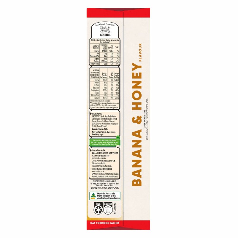 [Expiry Date: 19/03/2027] Uncle Tobys Oats Quick Sachets Banana & Honey Big Bowl Porridge 8 Pack 368g