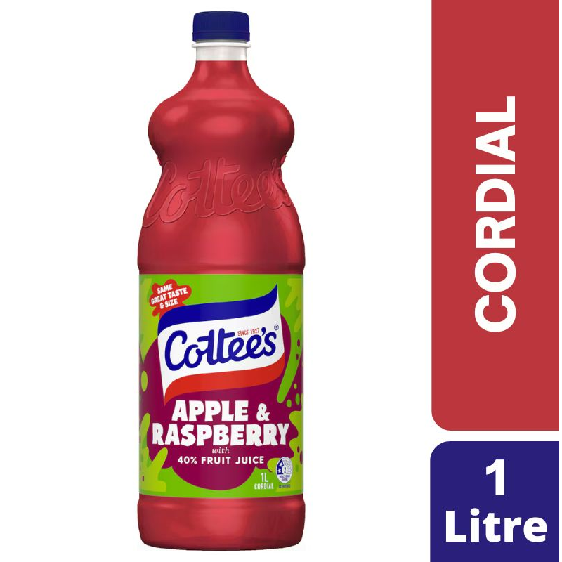 [CLEARANCE Expiry Date: 15/07/2026] Cottee's Apple & Raspberry Cordial With 40% Fruit Juice Bottle 1L