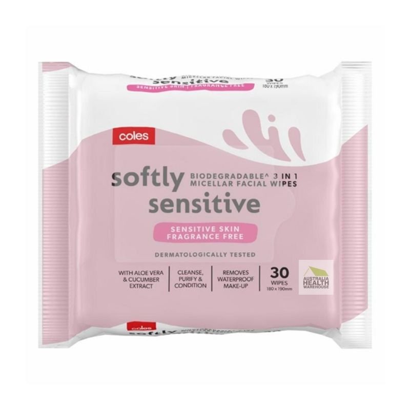 Coles Softly Biodegradable Sensitive 3-In-1 Facial Cleansing Wipes 30 Pack