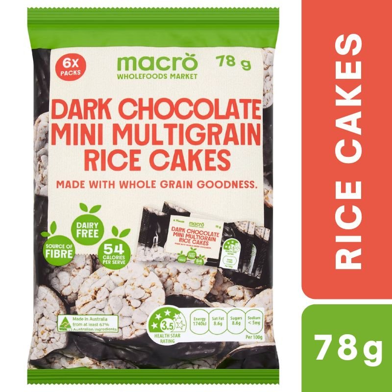 [Expiry Date: 19/11/2026] Woolworths Macro Mini Multigrain Rice Cakes Vegan Dark Chocolate 6 Packs 78g