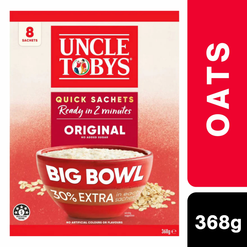 [Expiry Date: 11/08/2027] Uncle Tobys Oats Quick Sachets Original Big Bowl Porridge 8 Pack 368g