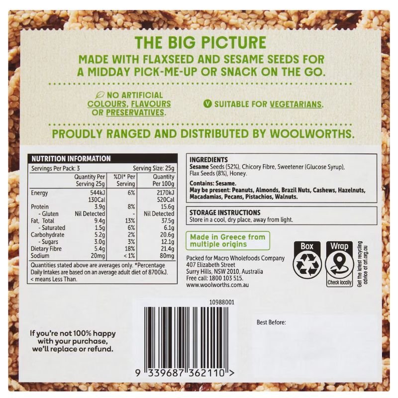 Woolworths Macro Flaxseed Sesame Snaps 3 x 25g Pack