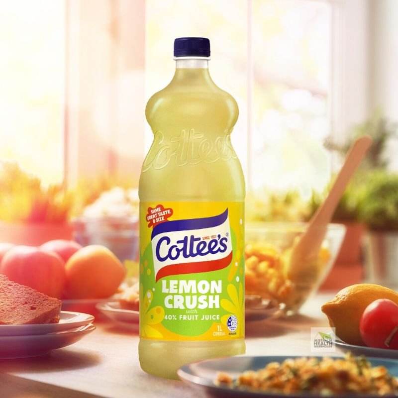 [CLEARANCE Expiry Date: 07/07/2026] Cottee's Lemon Cordial Lemon Crush With 40% Fruit Juice Bottle 1 Litre