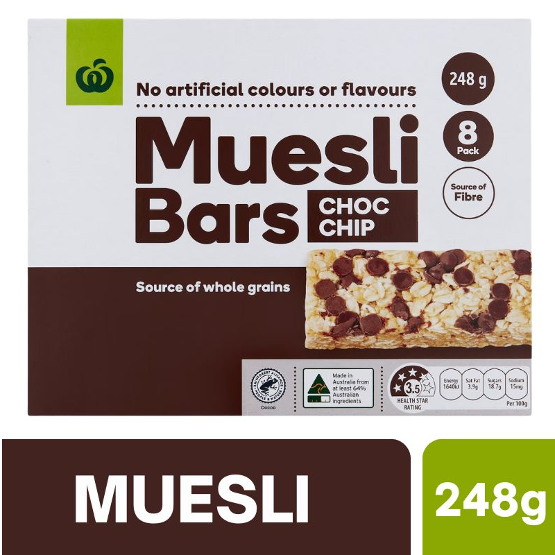 [CLEARANCE Expiry Date: 04/08/2026] Woolworths Muesli Bars Choc Chip 8 Pack 248g