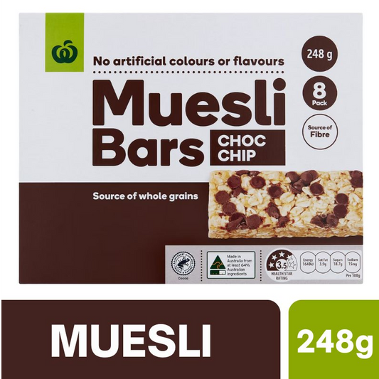 [CLEARANCE Expiry Date: 04/08/2026] Woolworths Muesli Bars Choc Chip 8 Pack 248g
