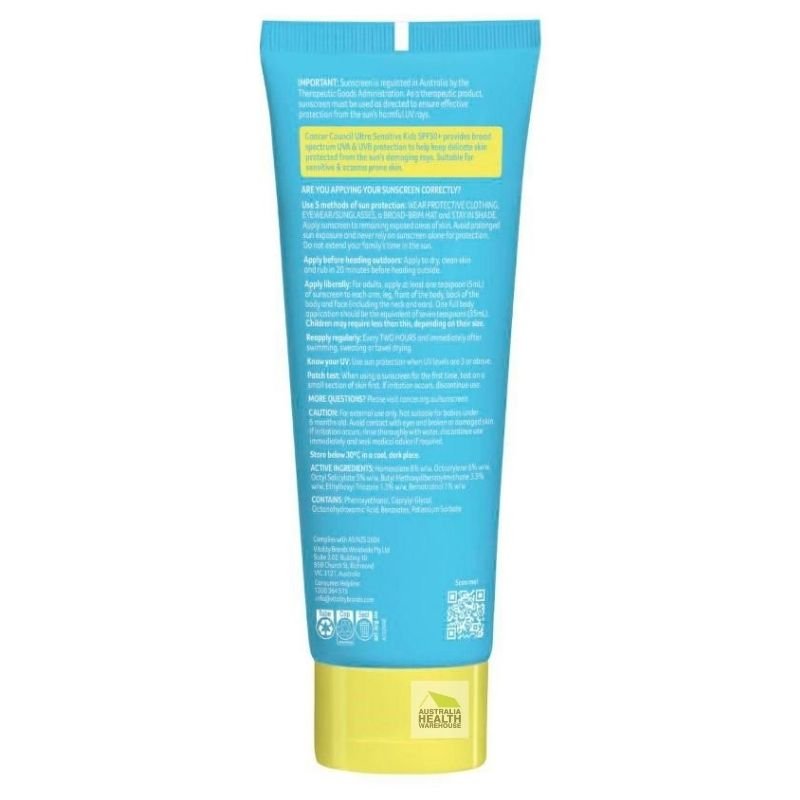 [Expiry: 07/2028]Cancer Council Ultra Sensitive Kids SPF50+ Sunscreen 150mL