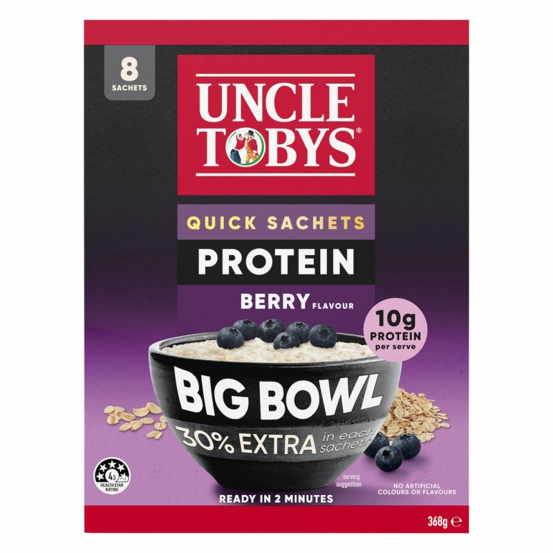 [Expiry Date: 23/02/2027] Uncle Tobys Oats Quick Sachets Protein Berry Big Bowl Porridge 8 Pack 368g