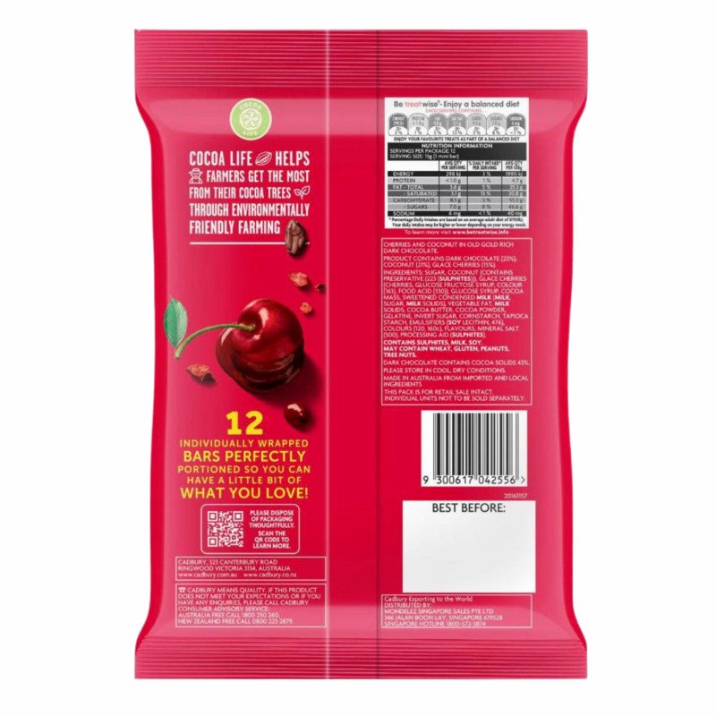[Expiry Date: 17/03/2027] Cadbury Cherry Ripe Dark Chocolate Sharepack 12 Pack 180g