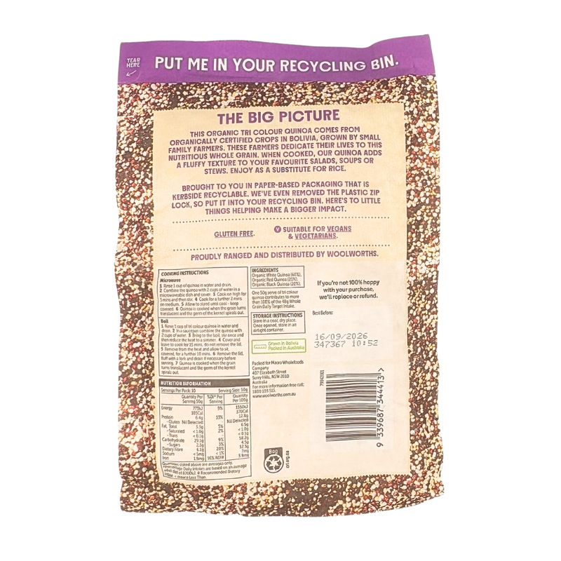 [Expiry: 16/09/2026] Woolworths Macro Organic Tri Colour Quinoa 500g