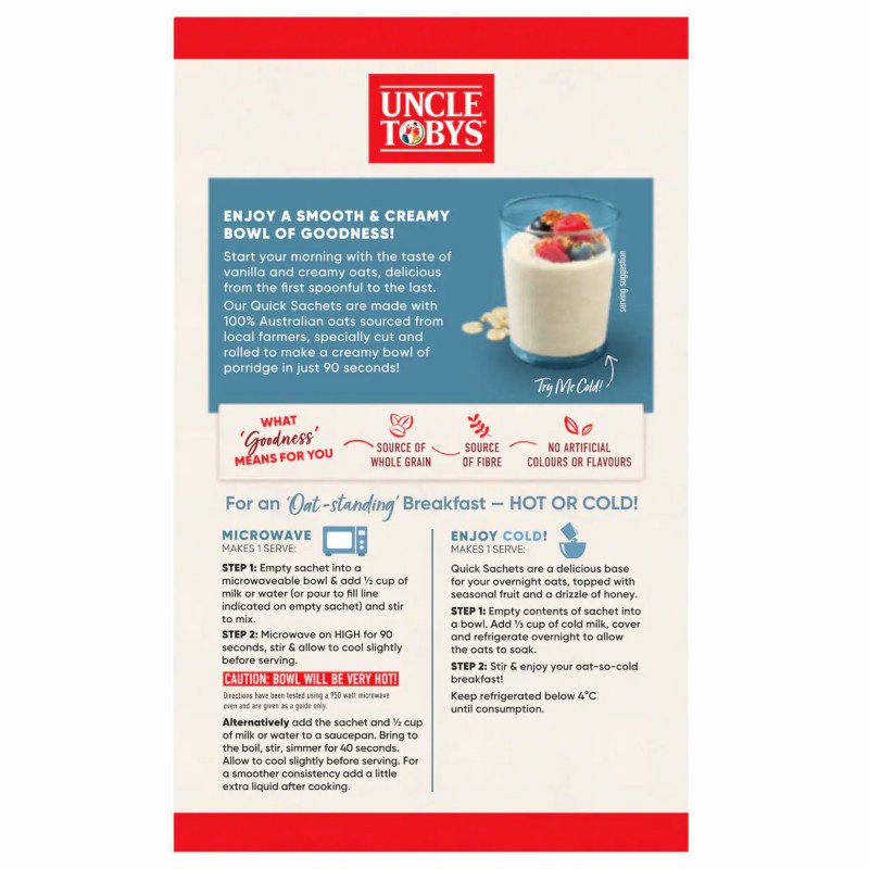 [Expiry Date: 29/01/2027] Uncle Tobys Oats Quick Sachets Creamy Vanilla 10 Pack 350g