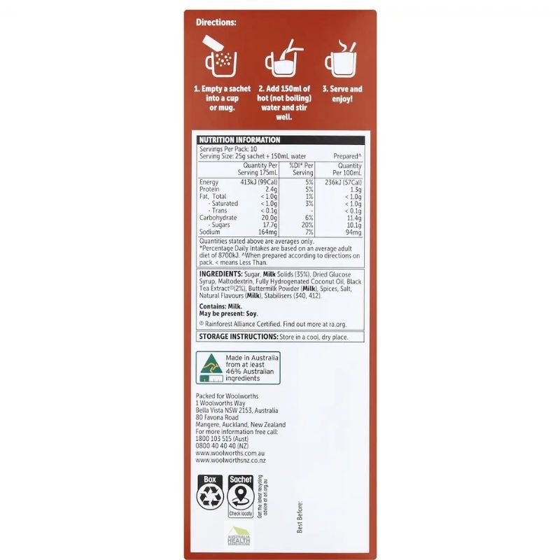 [Expiry Date: 17/11/2026] Woolworths Chai Latte Sachets 10 Pack 250g
