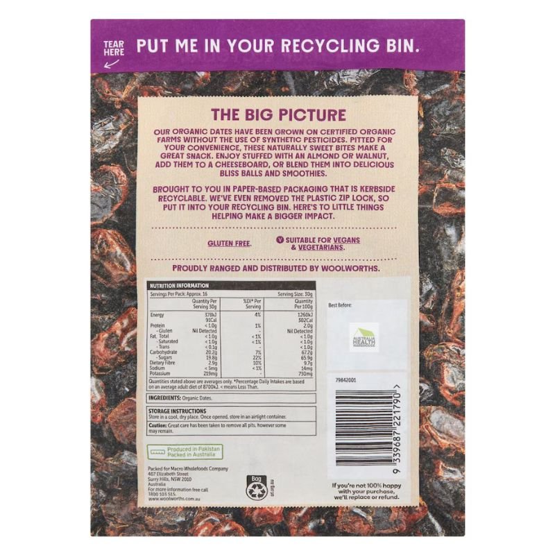 [CLEARANCE Expiry: 02/06/2026] Woolworths Macro Organic Pitted Dates 500g