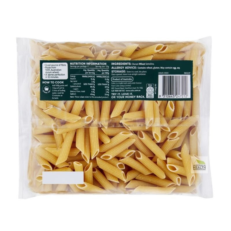 [Expiry: 19/06/2027] Coles Durum Wheat Pasta Penne Rigate 500g