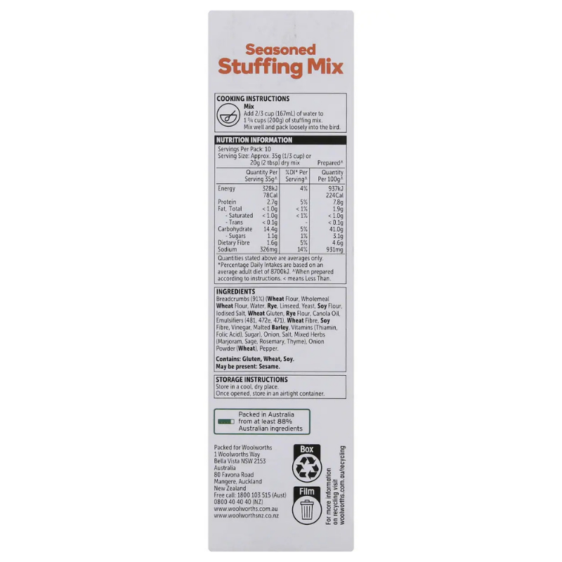 [CLEARANCE Expiry Date: 15/08/2026] Woolworths Seasoned Stuffing Mix 200g