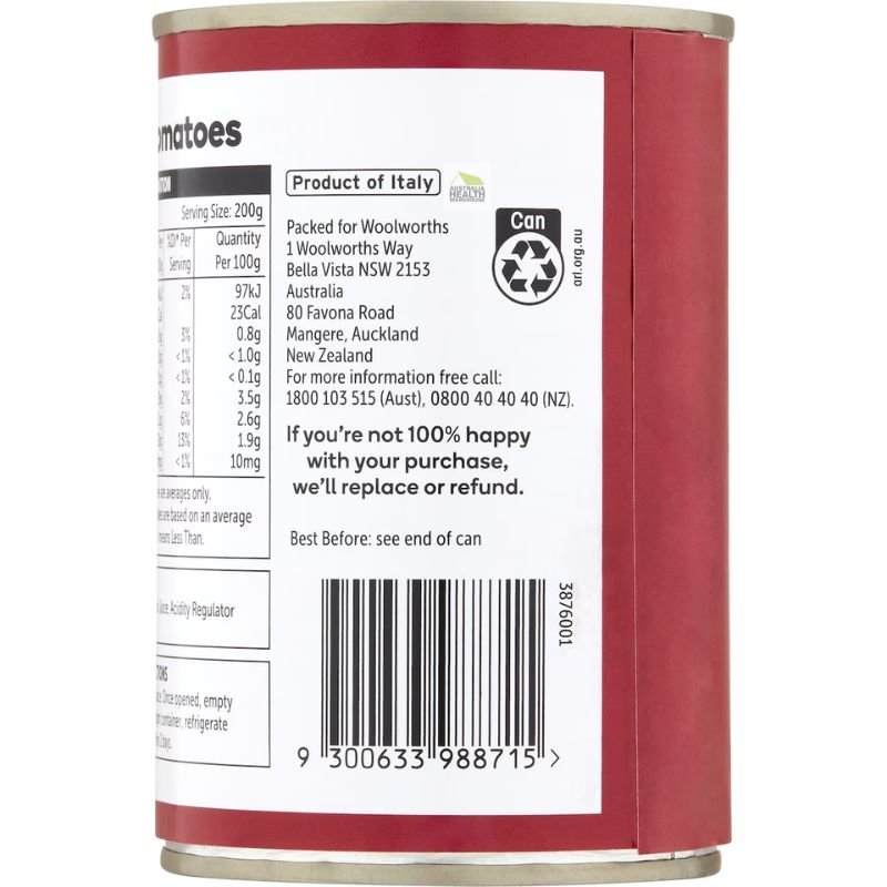 [Expiry: 08/2027] Woolworths Essentials Diced Tomatoes 400g