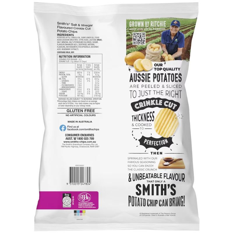 [CLEARANCE Expiry: 25/10/26] Smith's Crinkle Cut Potato Chips Party Size Bag Salt & Vinegar 380g