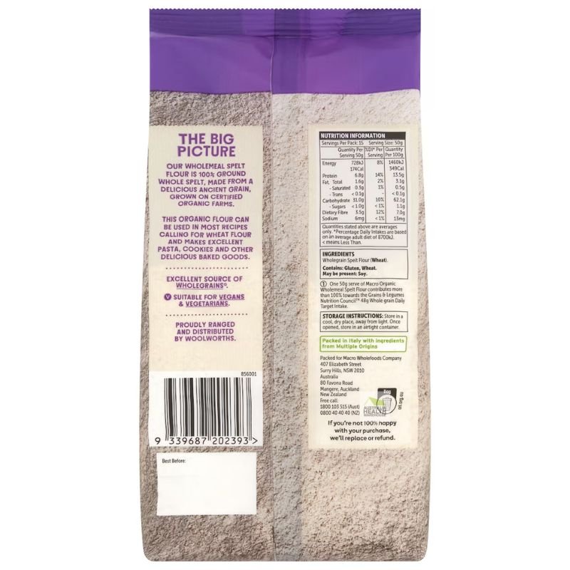 [Expiry: 25/03/2026] Woolworths Macro Organic Wholemeal Spelt Flour 750g