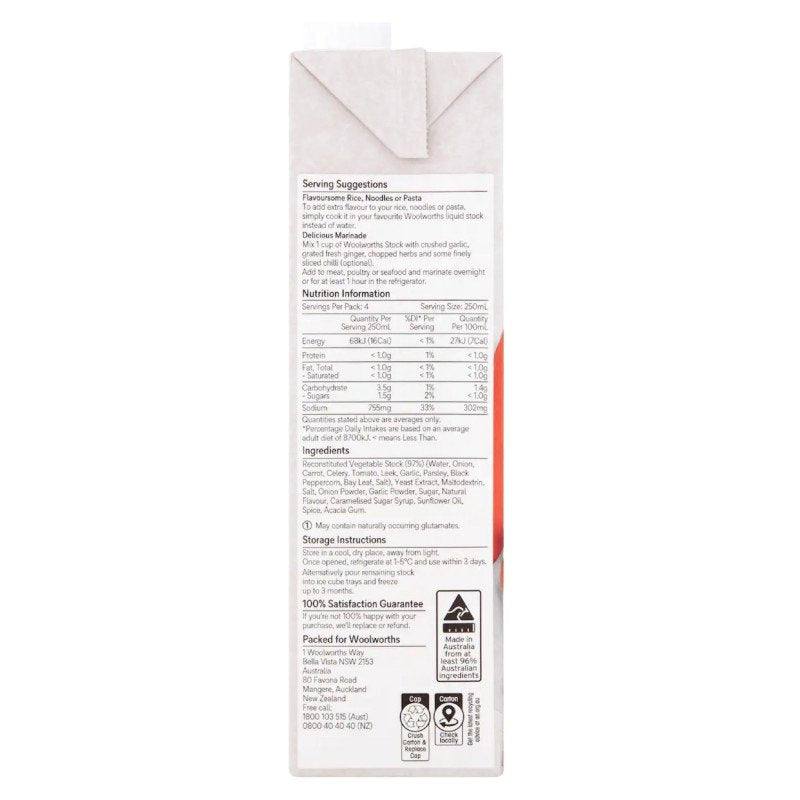 [Expiry Date: 29/12/2026] Woolworths Vegetable Liquid Stock 1 Litre