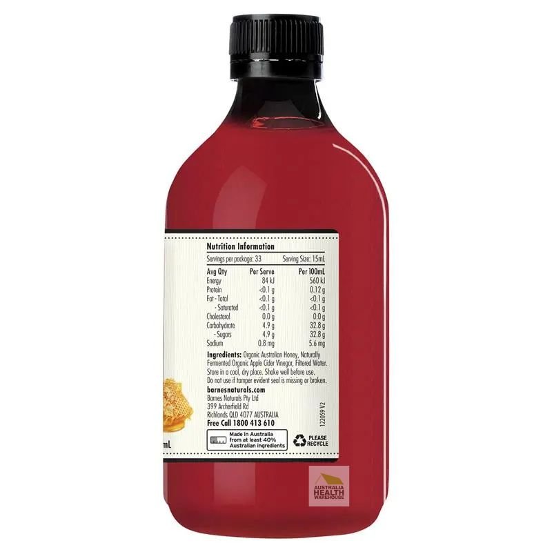 [Expiry: 01/2027] Barnes Naturals Organic Apple Cider Vinegar with the Mother + Organic Honey 500mL