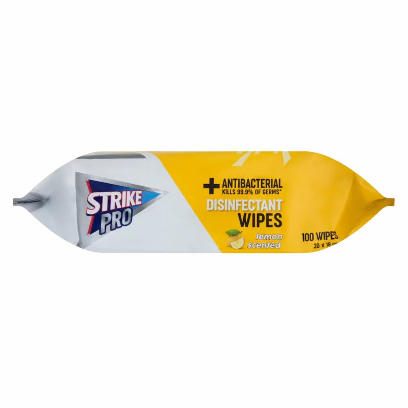 Expiry Date: 08/02/2028] Strike Pro Antibacterial Disinfectant Wipes Lemon 100 Wipes