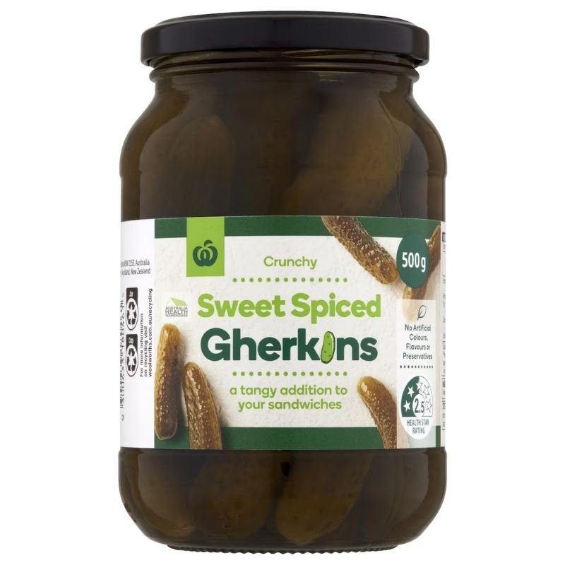 [Expiry: 21/09/2028] Woolworths Sweet Spiced Gherkins 500g