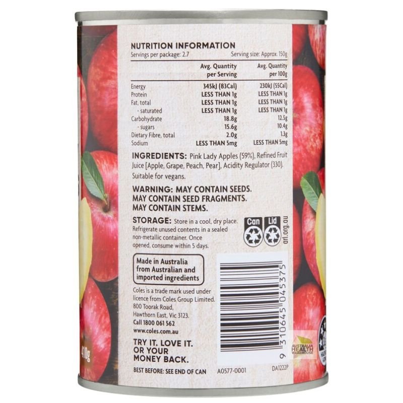 [Expiry Date: 07/2028] Coles Australian Pink Lady Apple Slices in Juice 410g