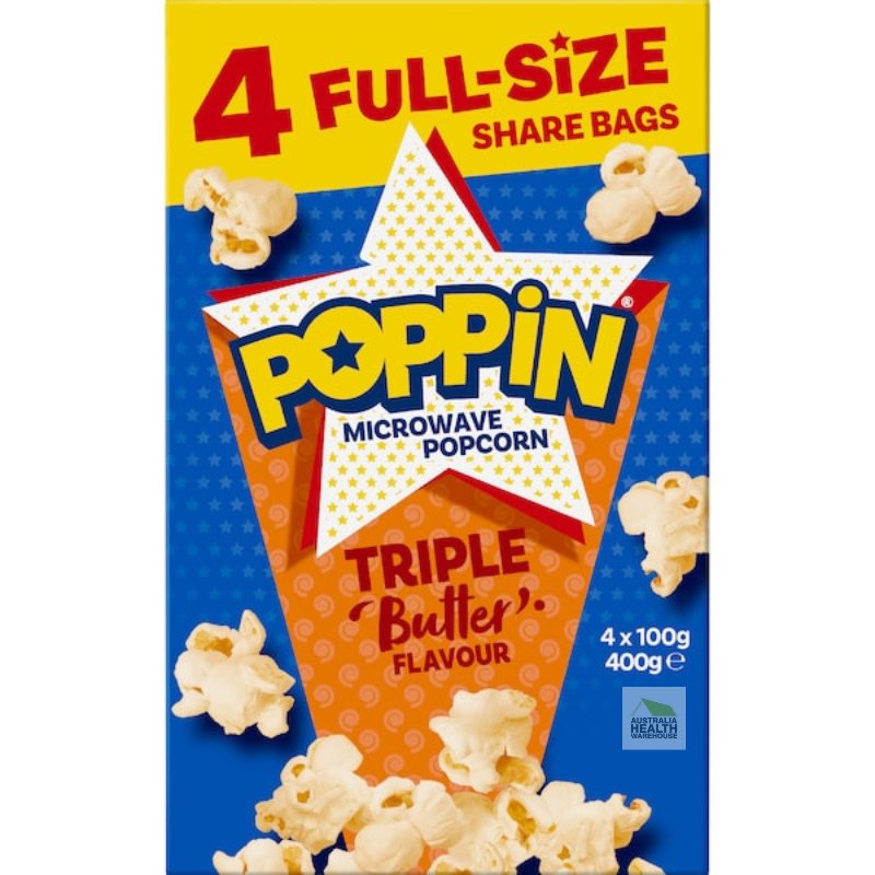 [Expiry: 01/10/2026] Poppin Microwave Popcorn Triple Butter Flavour 4 x 100g