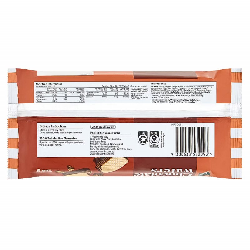 [Expiry: 20/10/2026] Woolworths Chocolate Wafer Biscuits 125g
