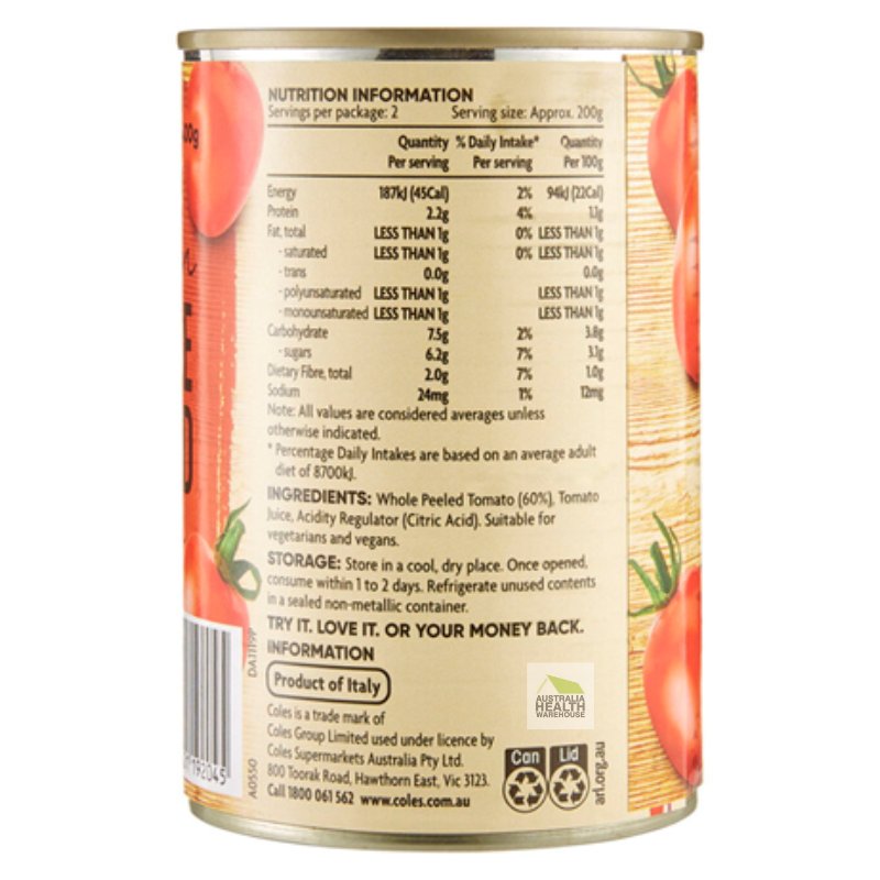 [CLEARANCE Expiry Date: 28/07/2026] Coles Italian Whole Peeled Tomatoes 400g