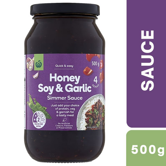 [CLEARANCE Expiry Date: 11/08/2026] Woolworths Honey Soy & Garlic Simmer Sauce 500g