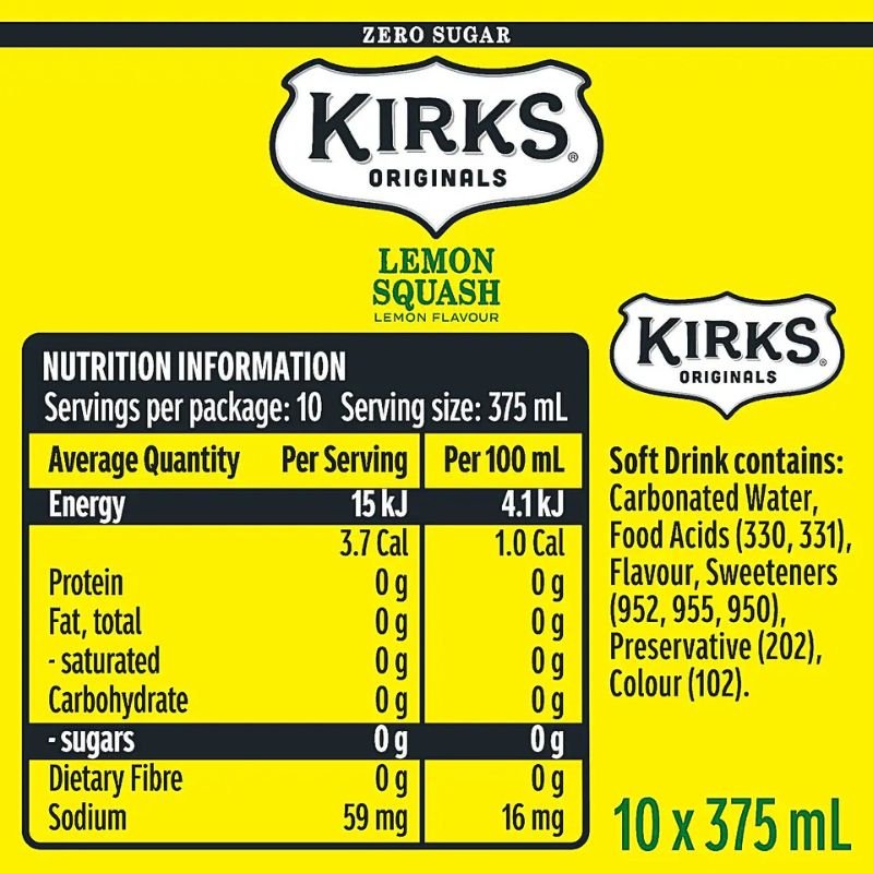 [CLEARANCE Expiry Date: 20/05/2026] Kirks Sugar Free Lemon Soft Drink 10x375ml
