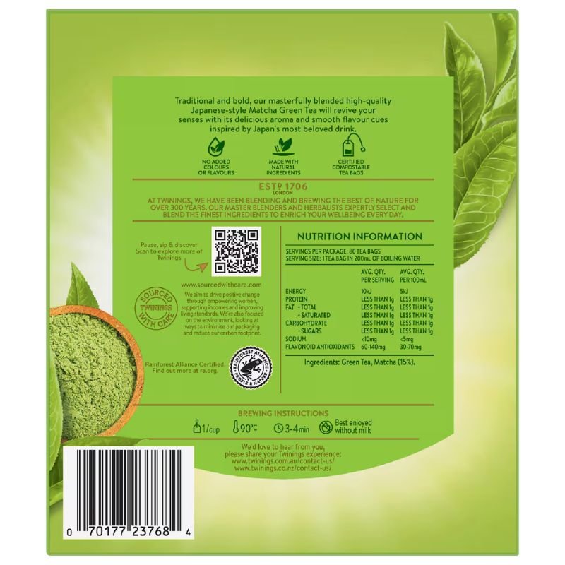 [Expiry Date: 11/11/2028] Twinings Matcha Green Tea Bags 80 Pack 120g