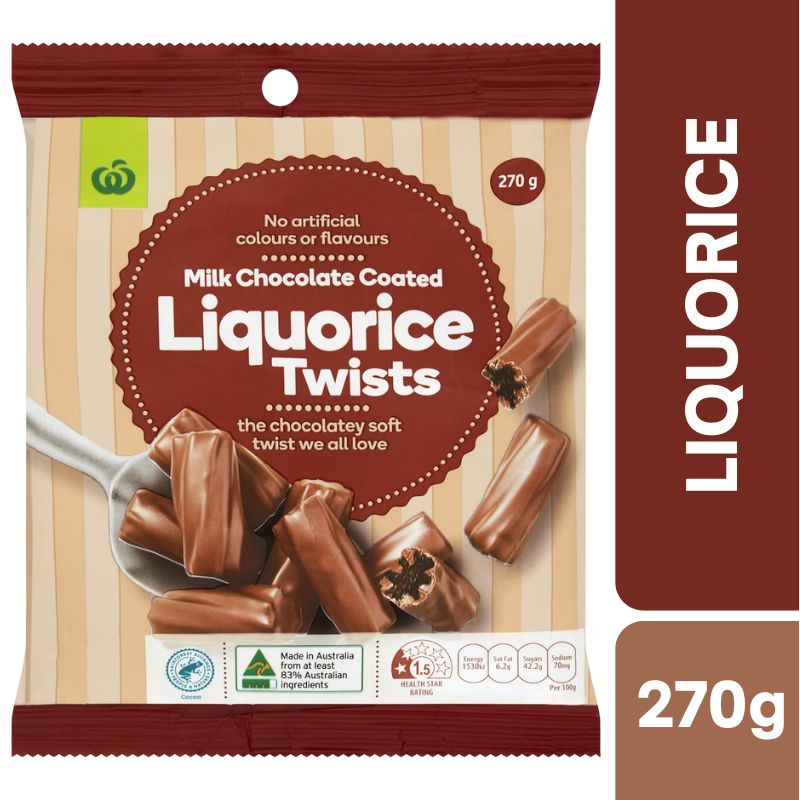 [Expiry Date: 18/02/2027] Woolworths Milk Chocolate Coated Liquorice Twists 270g