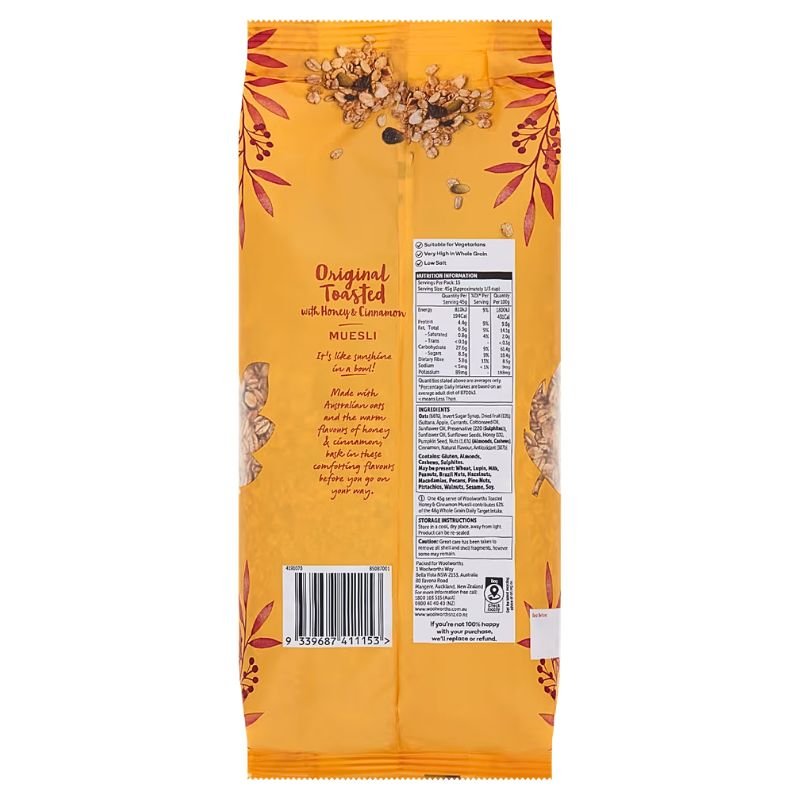 [CLEARANCE Expiry Date: 24/07/2026] Woolworths Toasted Honey & Cinnamon Muesli 750g