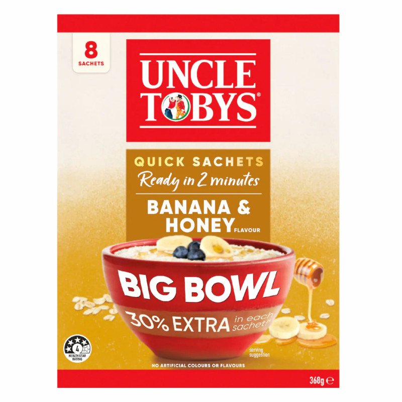 [Expiry Date: 19/03/2027] Uncle Tobys Oats Quick Sachets Banana & Honey Big Bowl Porridge 8 Pack 368g
