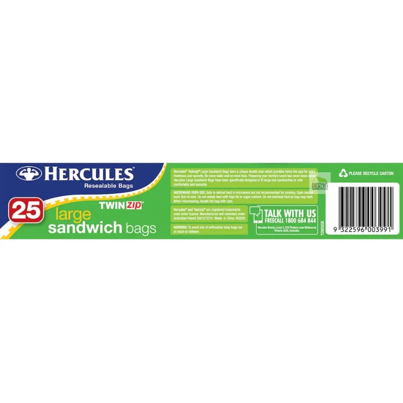 Hercules Resealable Bags Twinzip 25 Large Sandwich Bags