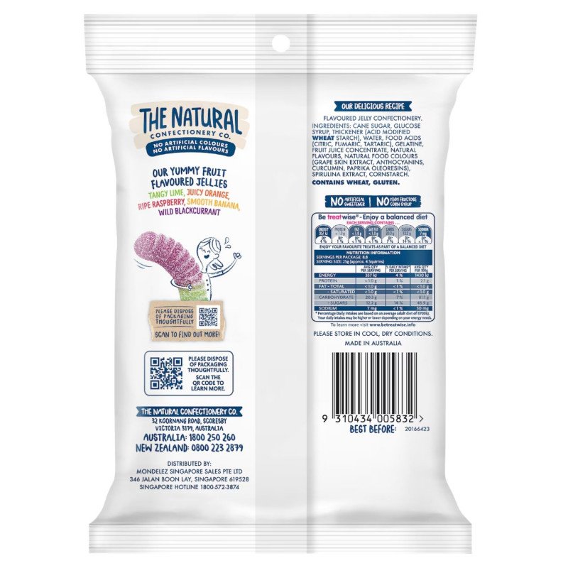 [Expiry Date: 17/06/2027] The Natural Confectionery Co. Sour Squirms Lollies 220g