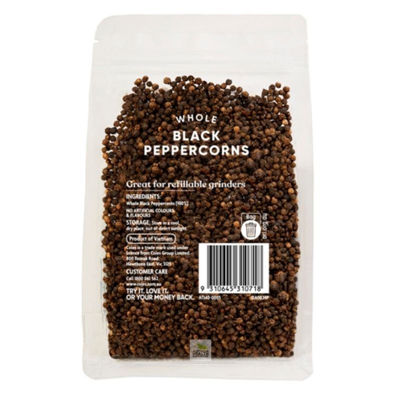 [Expiry: 26/11/2027] Coles Whole Black Peppercorn Refill Bag 200g