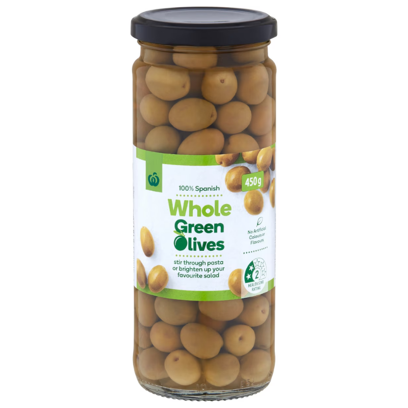 [Expiry: 10/02/2027] Woolworths Whole Green Olives 450g