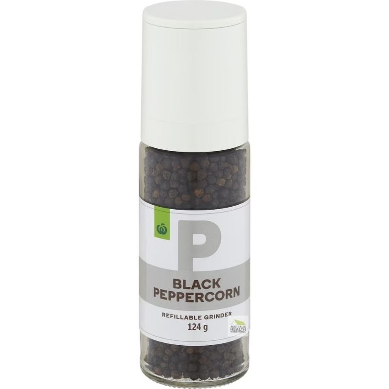 [Expiry Date: 20/04/2028] Woolworths Black Peppercorn Refillable Grinder 124g