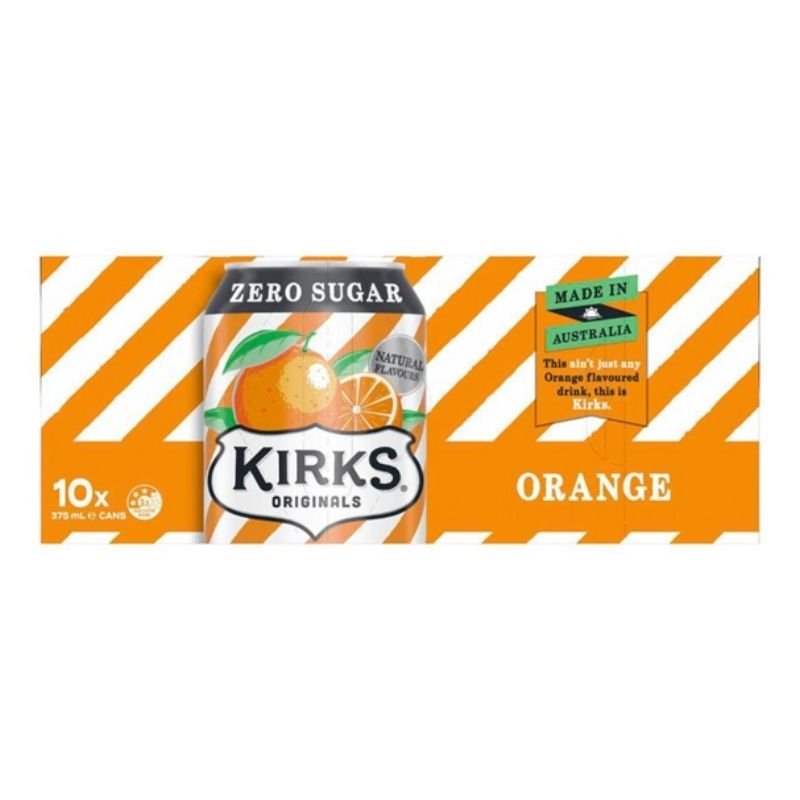 [CLEARANCE Expiry: 08/06/2026] Kirks Zero Sugar Orange Soft Drink Cans - 10 x 375mL