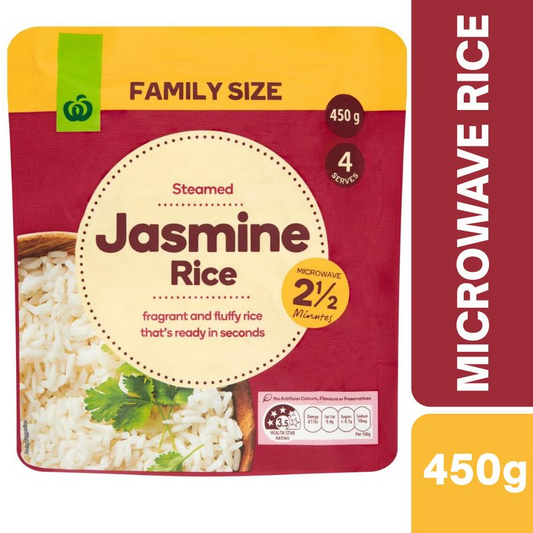 [CLEARANCE Expiry: 08/04/2026] Woolworths Microwave Jasmine Rice Family Size 450g