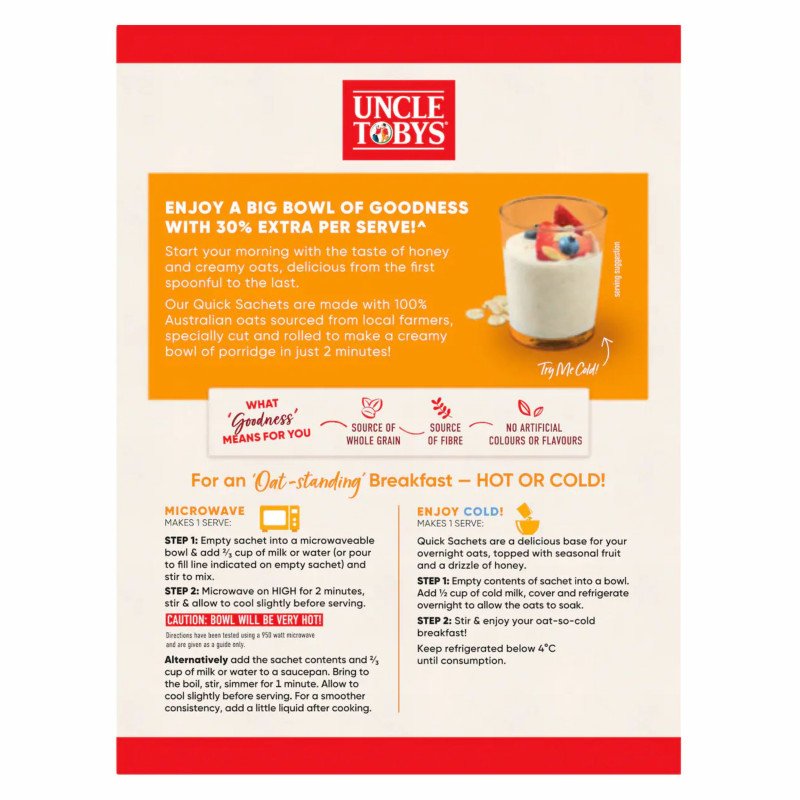 [Expiry Date: 18/03/2027] Uncle Tobys Oats Quick Sachets Creamy Honey Big Bowl Porridge 8 Pack 368g