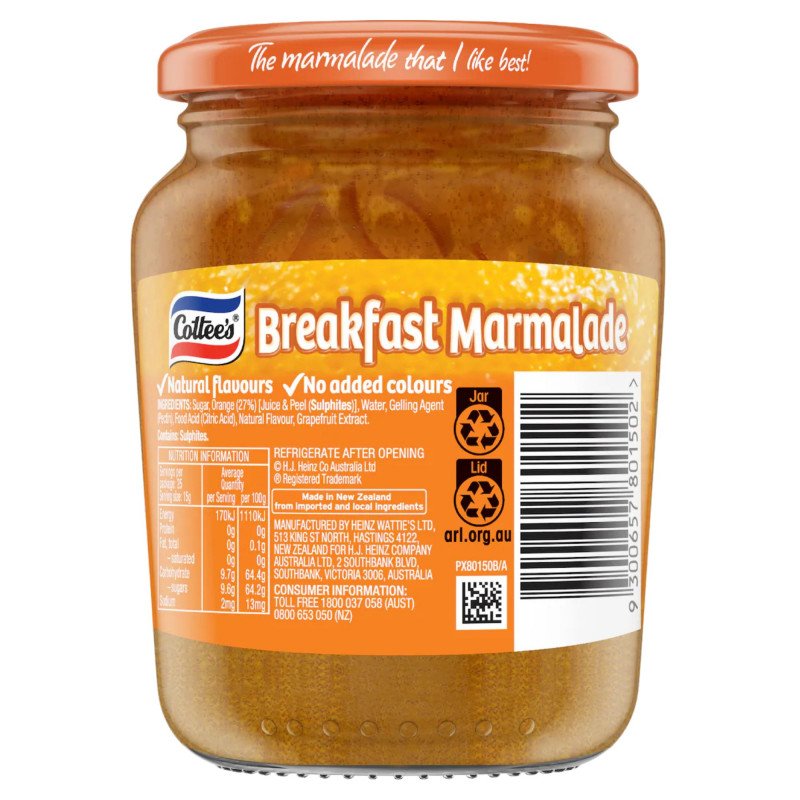 [Expiry Date: 16/04/2028] Cottee's Breakfast Marmalade Jam 375g