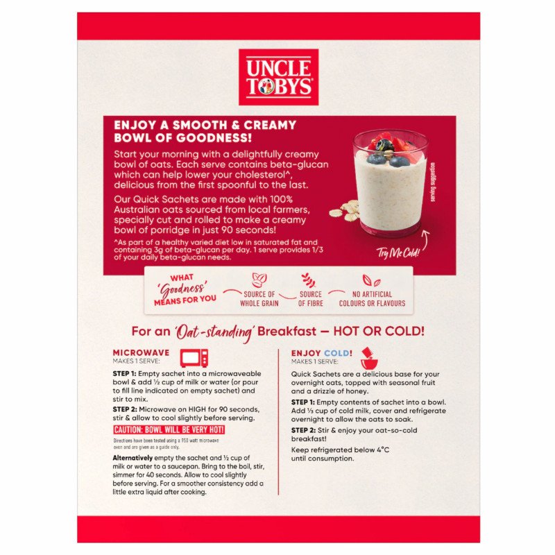 [Expiry Date: 07/07/2027] Uncle Tobys Oats Quick Sachets Original Porridge 10 Pack 340g
