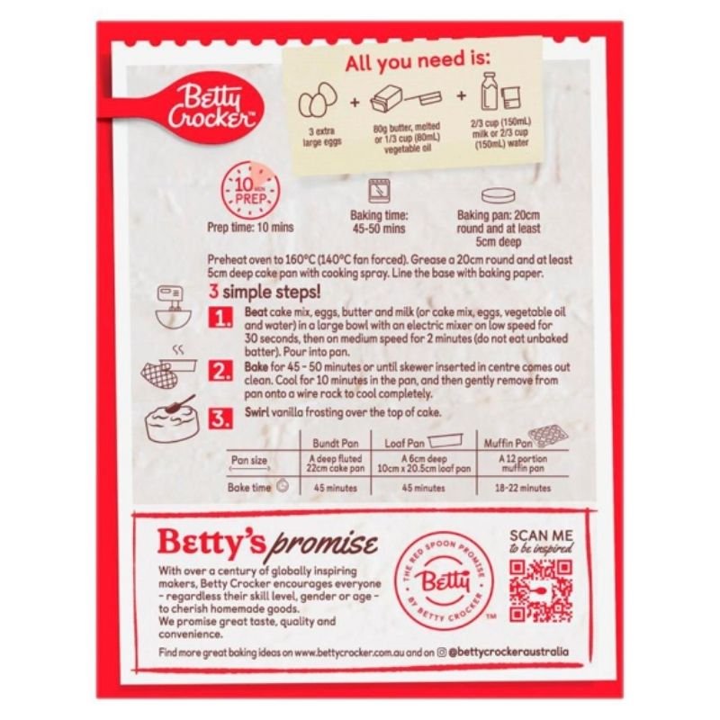 [Expiry Date: 13/06/2027] Betty Crocker Super Moist Vanilla Cake Mix 450g