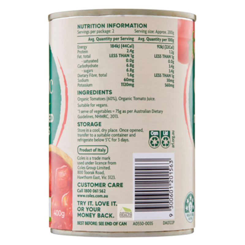 [Expiry Date: 11/08/2027]  Coles Organic Italian Diced Tomatoes 400g
