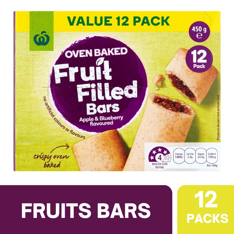 [CLEARANCE Expiry Date: 30/04/2026] Woolworths Oven Baked Fruit Filled Bars Apple & Blueberry Flavoured 12 Pack