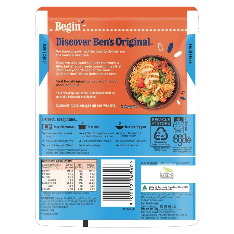 [Expiry Date: 18/01/2027] Ben's Original Lightly Flavoured Coconut Rice Microwave Rice Pouch 250g